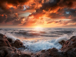 Fototapeta premium Dramatic Sunset Over Rocky Coastline with Waves Crashing and Glowing Sky, A Stunning View of Nature's Beauty with Vivid Colors, Textured Rocks, and an Exotic Feel