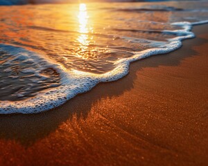 Golden Sand Beach with Gentle Waves at Sunset, Tranquil Tropical Paradise, Peaceful Ocean Shoreline Scene, Serenity and Beauty of Nature