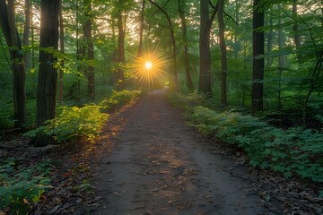Obraz premium Forest Path with Sun Rays Shining Through the Trees