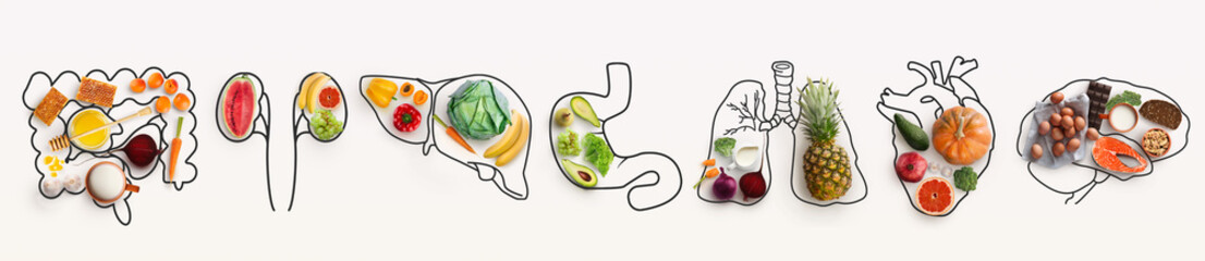 Best menu for healthy body. Collage with outlines of human internal organs and wholesome foods on...