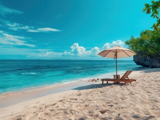 Fototapeta premium Tranquil Seaside Escape White Sand Beach, Crystal Clear Water, and Lush Tropical Foliage Perfect for Relaxation and a Tropical Getaway Experience Serenity on This Pristine Shore, With Vibrant Colors