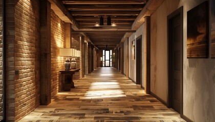 Contemporary Rustic Design Aesthetic in Warmly Lit Corridor with Exposed Wooden Beams