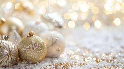 Elegant Gold and White Christmas Decorations Sparkling with Festive Charm on a Neutral Background for Text Placement