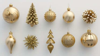 Glittering Elegance: Luxurious Golden Christmas Tree Ornaments on Neutral Background