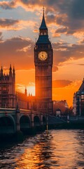 Fototapeta premium The Houses of Parliament and Big Ben at sunset in London, England