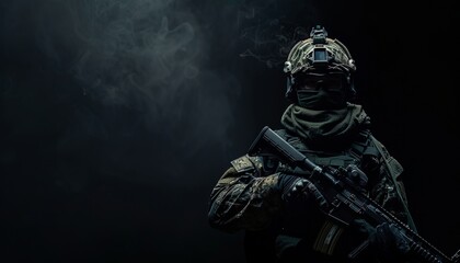 Fototapeta premium Mysterious Armed Figure in Camouflage Gear Holding Rifle in Dark Room, Concept of Anti-Terrorism Fight