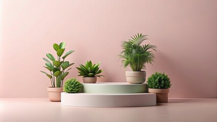 Minimalist podium with green plants on a light pink background perfect for showcasing products or objects , high resolution