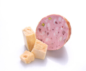 veal sausage and pieces of cheese on a white background