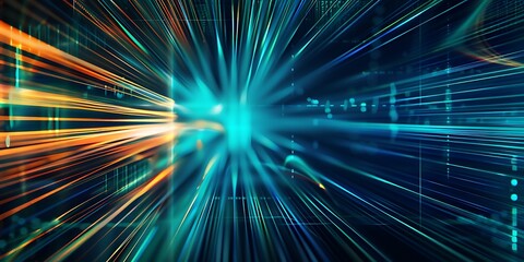 Dynamic burst of colorful light beams in a cosmic setting, symbolizing speed