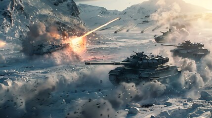 Tanks exploding in an air action picture over a frozen winter terrain very detailed and realistic shape