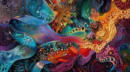 Contemporary art piece with layers of vibrant colors and intricate patterns, inviting the viewer to explore its depths.