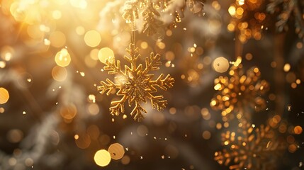 Glowing Golden Snowflake Ornaments on Softly Blurred Backdrop