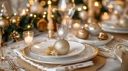 Elegant Holiday Table Setting in Festive Gold and White with Sparkling Motifs