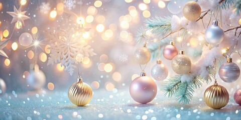 Soft pastel Christmas background with twinkling lights, shimmering ornaments and festive accents on a light and airy backdrop