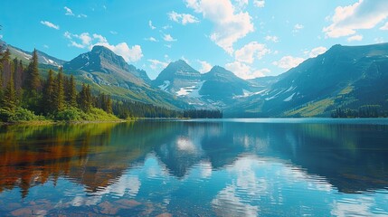 Tranquil lake reflecting towering mountains