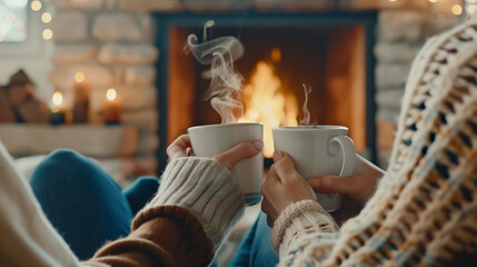 Two people are holding cups of coffee and toasting to each other. The scene is cozy and warm, with a fireplace in the background