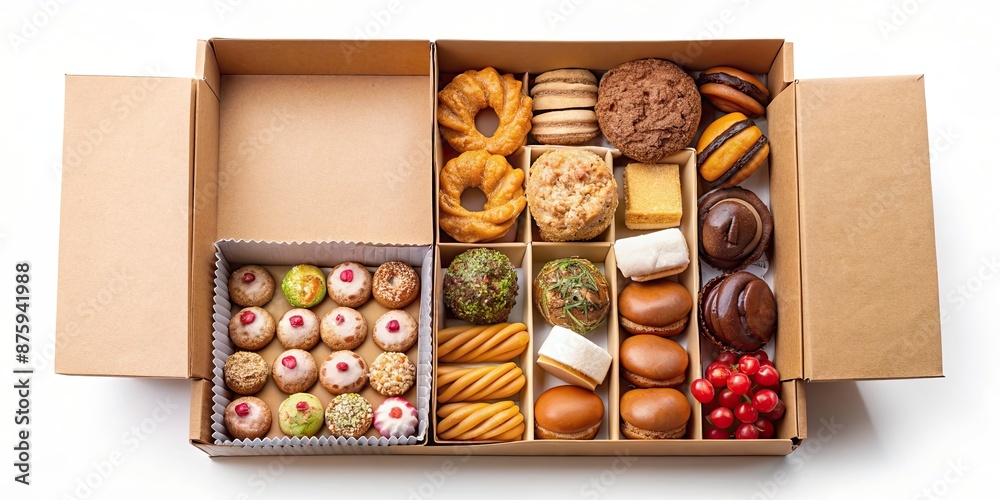 Wall mural Opened sweets inside confectionary and bakery packaging cardboard box mockup, candy, treats, indulgence, dessert