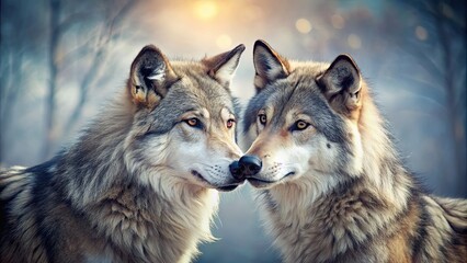 Fototapeta premium Romantic portrait of two wolves in love, wildlife, nature, animal, wolf, love, affection, bonding, wilderness, predator, mate