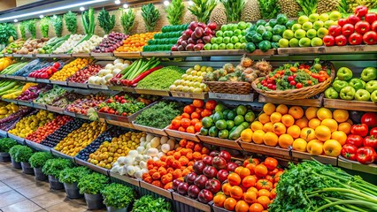 Vibrant display of fresh fruits and vegetables in a supermarket , colorful, healthy, organic, produce, market, abundance