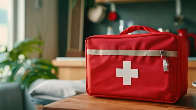 Home medical kit with medicines. First aid bag. Health concept. Red suitcase with a cross. Box with pills. Emergency case.