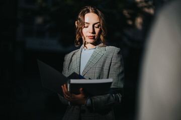 Young business associate reviewing documents and strategizing during a meeting in an urban city setting. Focused on brainstorming new ideas and solutions.