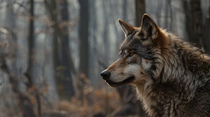 Grey wolf with a focused expression in its eyes.
