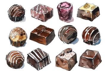 Obraz premium Assorted Chocolate Truffles Gift Collection. Hand-drawn Watercolor Illustration of Delightful Sweet Treats in Assorted Flavors.
