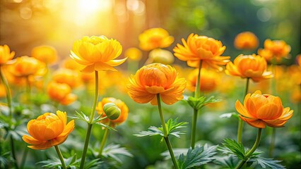 Obraz premium Natural trollius flowers with sunshine bokeh background, trollius flowers, natural, sunlight, bokeh, background, plant, nature