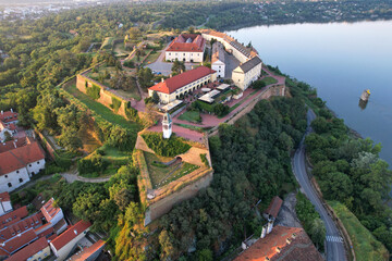 Aerial view of Petrovaradin Fortress at sunrise. Novi Sad, Serbia.