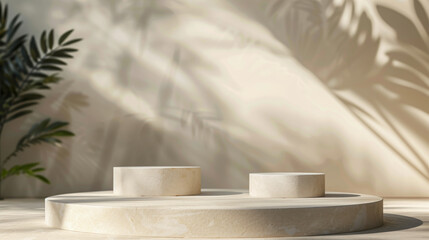 Display your products on a beautiful beige podium, with a stunning blurred background of sunlight and shadows.
