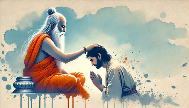 Watercolor illustration for guru purnima with a guru blessing a disciple.