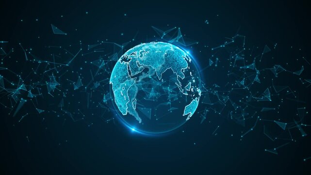 Global connection network World map digital futuristic Hi tech communication technology background. Technology internet worldwide business. Global world network connected earth cryptocurrency