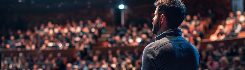Fototapeta premium Speaker Facing Audience at a Conference, Back View of Speaker, Man in Blue Shirt, Blurry Crowd, Microphone in Ear