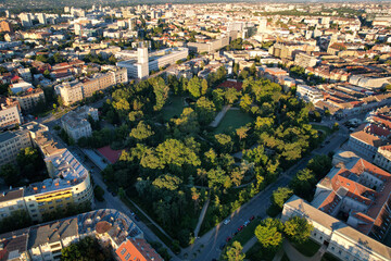 Aerial view of Dunavski Park at sunrise. Novi Sad, Serbia.