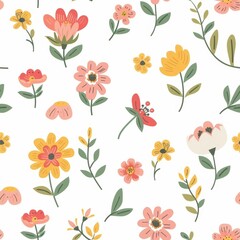 Obraz premium Seamless pattern of a nice drawn wild flowers. Cute vintage pattern with white background