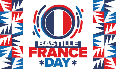 France Bastille Day. National happy holiday, celebrated annual in July 14. French flag. France independence and freedom. Patriotic elements. Festive and parade design. Vector poster illustration