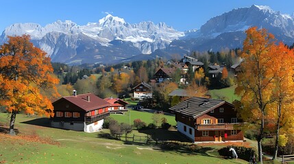 houses chalets mountains autumn trees landscape