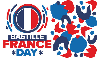 Obraz premium France Bastille Day. National happy holiday, celebrated annual in July 14. French flag. France independence and freedom. Patriotic elements. Festive and parade design. Vector poster illustration