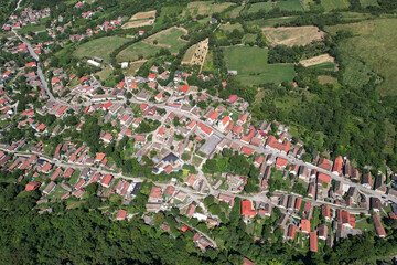 Aerial view of Beochin village on sunny day. Serbia.