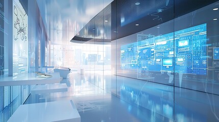 Futuristic Virtual Office Space with Interactive Digital Interfaces and Floating Screens