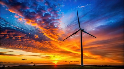 Obraz premium Wind turbine silhouetted against a colorful sunset sky , renewable energy, sustainable technology