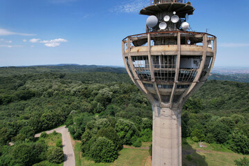 Partly destroyed by NATO bombing Irishki Venac Tower on sunny day. Frushka Gora national park, Serbia.