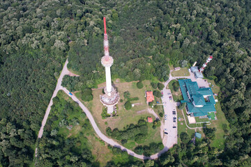 Aerial view of partly destroyed by NATO bombing Irishki Venac Tower in Frushka Gora national park on sunny day. Serbia.