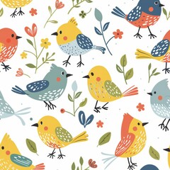 Seamless pattern a cute drawn birds and flowers. Nice light wallpapers, white background