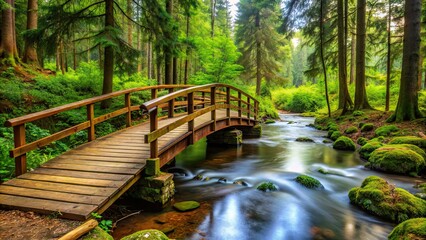 Naklejka premium Wooden bridge crossing over a tranquil stream in a lush forest setting, nature, bridge, wooden, river, creek, forest