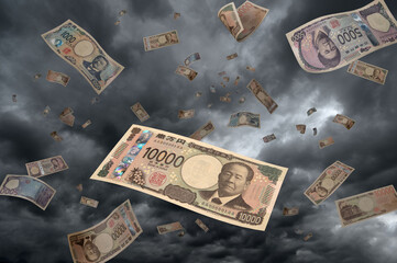 舞い落ちる大量の日本の円札