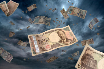 舞い落ちる大量の日本の円札