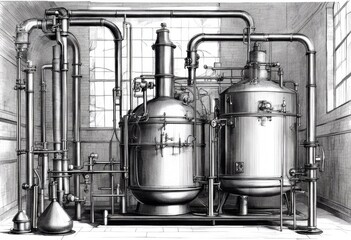 distillation alcohol machine production distillery vintage retro sketch ethanol apparatus style engraving drink traditional brewery technology moonshine old distillate beverage