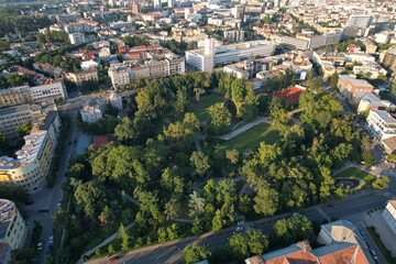Aerial view of Dunavski Park on sunny summer morning. Novi Sad, Serbia.