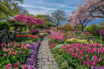 Obraz premium A bright spring garden with colorful flowers and the rejuvenating energy of nature. Bright flowers fill the scene under a blue sky